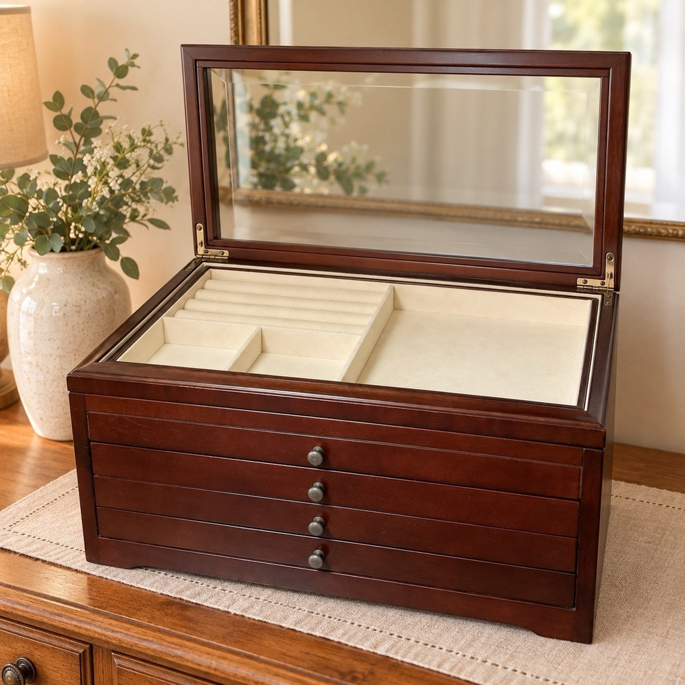 Pottery Barn Stella Ultimate Jewelry Box Glass Top 4 Drawer Dark Wood 18"